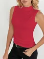 Detail showing the ribbed texture and high collar of the red sleeveless tank top - S / Tops / Red
