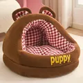 Brown bear-shaped plush semi-enclosed cat nest with red checkered interior lining - S / Coffee Bear (Semi-Enclosed)