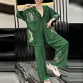Ensemble deux pièces en denim vert tendance avec écussons léopard et veste à capuche - Vert