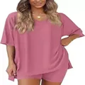 Close-up of women's comfortable dusty pink V-neck loose T-shirt and shorts lounge set - S / Top And Bottom / Pink