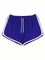 Vista frontale dettagliata dei pantaloncini sportivi blu reale da donna con bordo bianco e lacci - Blu