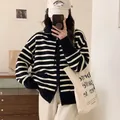 Cárdigan de punto oversize a rayas blancas y negras con cremallera para mujer otoño - Talla única / Tops / Negro