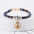 Ethnic style woven fabric pet collar with vintage bronze bell for cats and small dogs - XS (Neck 15-20cm) / Navy Stripe