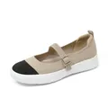 Breathable fly-knit Mary Jane flat with beige and black contrast toe cap - Beige Black