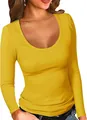 T-shirt gialla a maniche lunghe da donna, vestibilità slim con ampio scollo a U a costine. - Giallo