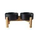 Ciotola doppia rialzata per animali con supporto in bambù e ciotole in ceramica nera - Piccolo 13cm (Supporto Doppio in Legno Rialzato) / Nero