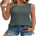 Macro view of sage green ribbed sleeveless knit tank top on female model - S / Tops / Malachite green