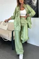 Light green shimmering satin two-piece set featuring loose jacket and straight-leg trousers - S / Top And Bottom / Light Green