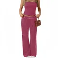 Detail of women's striped tube top and high waist wide leg trousers two-piece lounge set - Wine Red with Rose Red Stripes