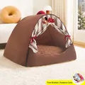 Cozy brown enclosed pet tent house with soft cushion and free random color blanket - Retro Grid Tent / M (45cmx35cmx33cm) + Blanket / Coffee