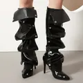 Modische schwarze Stiefel mit spitzer Kappe, Nietendetails und schmalem hohem Absatz - 38 / Leder Nieten Hosenbein Stil (YD7506Y296622) / Schwarz Leder