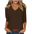 Detailed view of a stylish casual dark brown V-neck T-shirt with 3/4 sleeves for women - Coffee