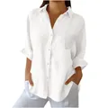 Detailed view of white cotton linen casual button-down shirt with chest pocket - S / Tops / White