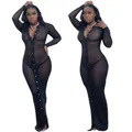 Close-up view of black long-sleeved sheer mesh button-down maxi dress for nightclub wear - S / Dresses / Black