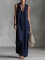 Full-length view of navy blue sleeveless hooded maxi dress with button front - S / Dresses / Navy Blue