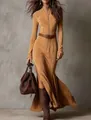Elegant camel suede-like maxi dress featuring a zipper front and adjustable waist belt. - S / Top And Bottom / Tan