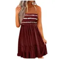 Elegant strapless burgundy pleated dress featuring white horizontal stripes and a ruffled hem - Dark Red