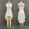 White sexy spaghetti strap dress with ruffled irregular hem for summer beachwear - S / Dresses / White