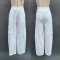 Vue avant et arrière du pantalon cargo blanc élégant à jambes larges pour femmes - S / Bas / Blanc