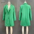 Detailed front and back views of a stylish green mid-length lapel wool coat for women - 3XL / Tops / Green