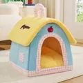Maison fermée jaune et bleue pour animaux avec coussin doux et tapis frais pour chats - S / Plaid Pomme + Tapis Frais / 40*35*35cm