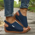 Close-up of navy blue wedge sandals featuring decorative white stitching on a wooden path - 36 / Dark Blue