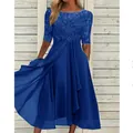 Detailed view of royal blue lace bodice and layered chiffon skirt on this midi dress - Blue