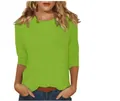 Detail view of women's lime green 3/4 sleeve crew neck t-shirt casual cotton top - S / Tops / Green