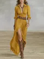 Elegant mustard yellow solid color maxi shirt dress with lapel collar and waist belt - S / Dresses / Earthy Yellow