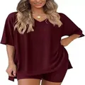 Comfortable burgundy two-piece loungewear set featuring a loose V-neck t-shirt and shorts. - S / Top And Bottom / Burgundy