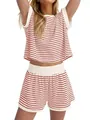Detail view of red and white striped two-piece summer set with elastic waist shorts. - S / Top And Bottom / Red and White Striped
