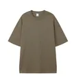 Detailed flat lay view of a heavyweight olive green oversized t-shirt with drop shoulders. - Moss Green