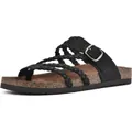 Detailopname van de zwarte gevlochten platte sandalen met gesp en kurken voetbed. - 36 / Zwart