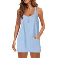 Casual women's sleeveless light blue V-neck dress with decorative buttons and side pockets. - S / Dresses / Blue