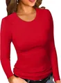 Dettaglio maglietta rossa a costine maniche lunghe scollo rotondo modal donna - Taglia S / Top / Rosso