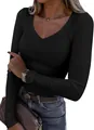 Detailed view of women's black ribbed long sleeve T-shirt with a slim fit V-neck design. - S / Tops / Black