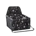 Portable black pet car booster seat with waterproof paw print fabric and mesh sides - Black Paw Prints
