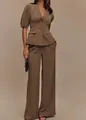 Elegant brown short-sleeved peplum blazer and wide-leg trousers set detail. - S / Top And Bottom