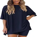 Completo loungewear blu navy da donna con t-shirt oversize e pantaloncini a vita alta - Blu Notte