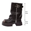 Detail of brown leather motorcycle boots showing shaft and heel height measurements. - 35 / Brown