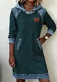 Casual womens denim patchwork hoodie dress featuring contrast color hood and pockets - S / Dresses / Malachite green