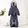 Waterproof navy blue polka dot dog raincoat with four-legged full cover design for pets - M / Tops / Blue Polka Dot