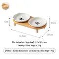 Ensemble de deux bols en céramique avec support surélevé en bambou pour animaux - Double Bol Style Bas (Patte de Chat) / Taille 6 Pouces / Blanc