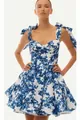Elegant blue and white floral organza cocktail mini dress with stylish bow straps - S / Dresses / Blue