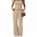 Close-up detail shot of women's striped bandeau top and wide-leg trousers lounge set - Khaki White Stripes