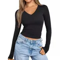 Slim-fit black V-neck long-sleeve T-shirt for women showing fabric texture and fit. - Black