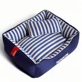 Comfortable rectangular blue and white striped pet dog bed with pillow, washable fabric - S / Blue