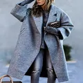 Casual long grey wool coat for women with oversized silhouette and notched lapels - S / Top (155) / Gray