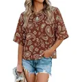 Detailed view of women's brown paisley print loose top featuring flare half sleeves and round neck - Brown Paisley Print