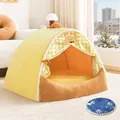 Cozy warm yellow enclosed plush pet tent cat house with electric heating pad included - Cream Curtain Tent / L (55cmx43cmx40cm) + Electric Blanket / Cream Yellow